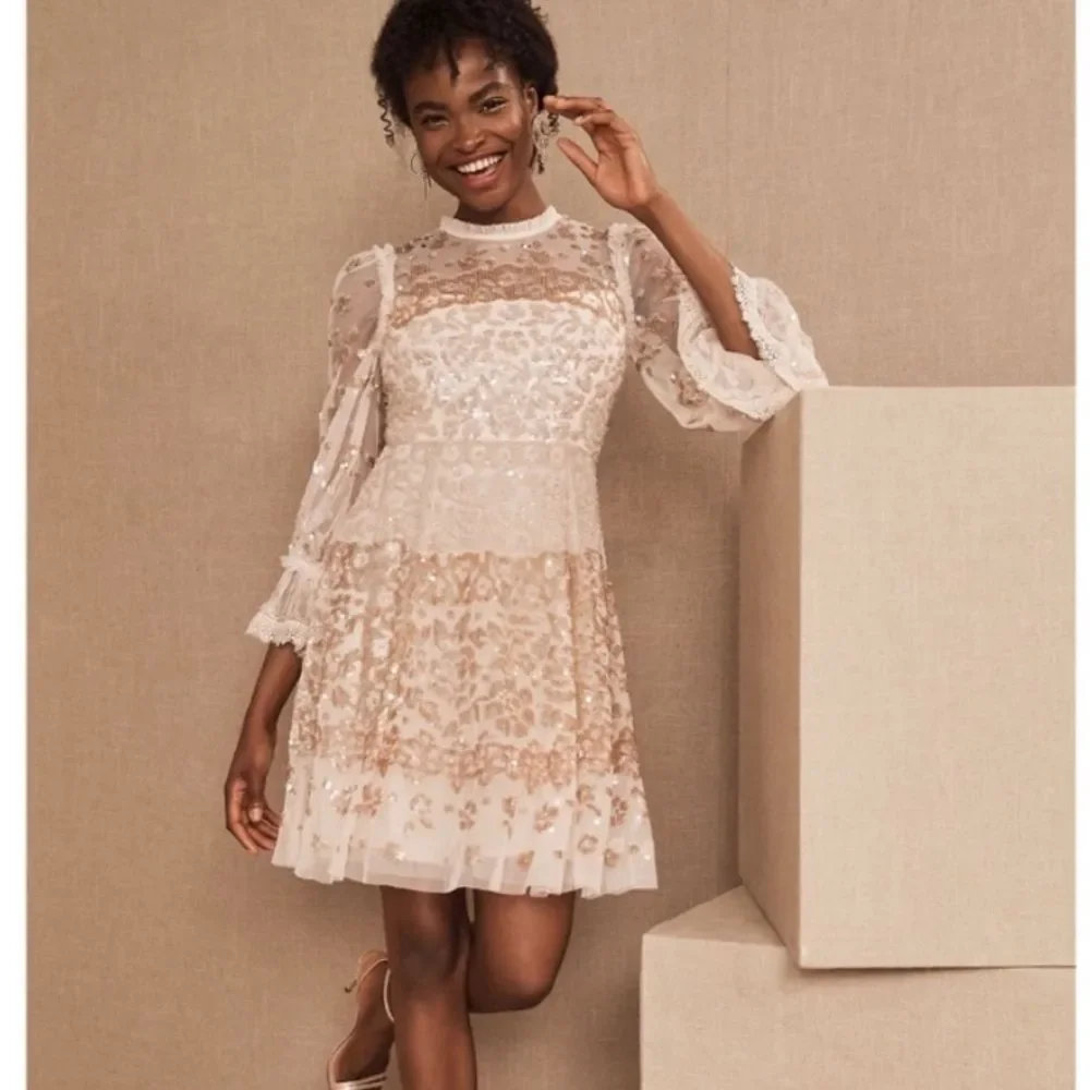 BHLDN Needle & Thread Pink Sequin Long Sleeve Dress, Size 0 NWOT